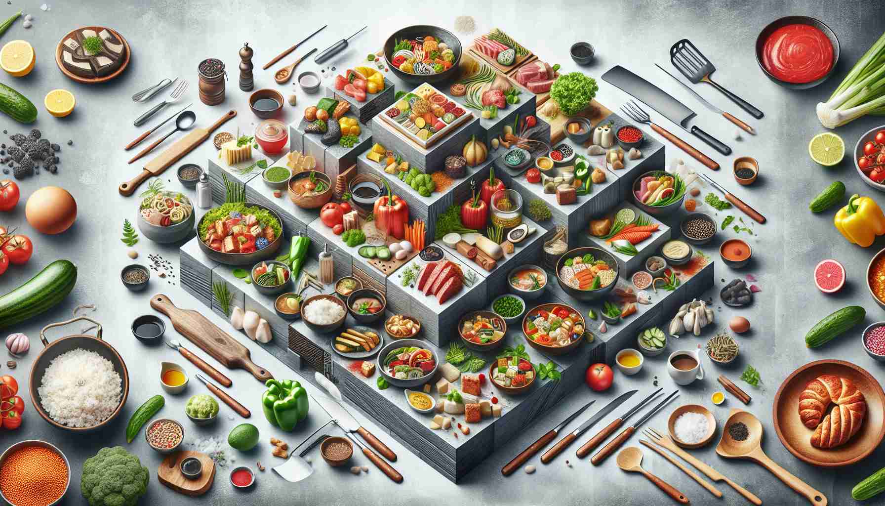 Create a high resolution, realistic image that depicts the exploration of modern fusion cuisine. The image should encompass an array of dishes representative of different culinary traditions merged together in an innovative way. Also include elements like a tastefully set table, diverse cooking utensils, and fresh ingredients to further emphasize the blending of various food cultures in a contemporary gastronomic setting.