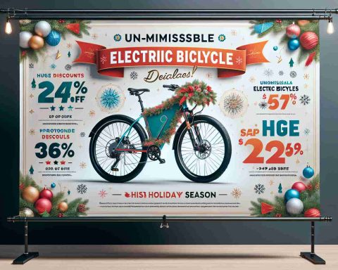 Generate a photorealistic High Definition image showcasing an advertising banner emphasizing the unmissable electric bicycle deals available this holiday season. The banner has a festive look with a focus on upscale electric bicycles with subtitles indicating huge discounts and promotional offers. Please also include general holiday decorations and symbols to suggest the season.