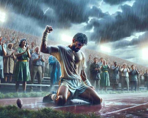 Generate a realistic, high-definition illustration depicting a scene of inspiring comeback after adversity. The setting could be a rain-soaked field. In the foreground, an athlete of South Asian descent, exhausted yet determined, clenching a fist in triumph. The crowd stands in the background, their faces lit with awe and admiration. Thunderous applause echoes through the scene, animating the air with palpable excitement. The sky above is still stormy, symbolizing the adversity they've gone through, but is starting to clear up, hinting at the exhilarating victory just achieved.