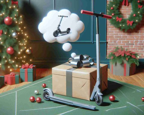 Create a realistic, high definition image with the caption 'Think Twice Before Gifting an E-Scooter This Christmas! Stay Safe and Informed.' This scene should depict a holiday-themed setting with a wrapped gift containing an e-scooter. Also include a thought bubble above the gift to symbolize the 'thinking twice' aspect.