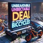 A hyper-realistic high-definition image showcasing a promotional scene for affordable electric bicycles. Included is a large, brightly colored sign that explicitly states 'Unbeatable Deal on Electric Bicycles!', ensuring no potential customers can miss the message. The bicycles themselves are parked haphazardly, their sleek designs and electric features being the highlights of the promotion. There is a sense of urgency and a call-to-action of not missing out on this tremendous opportunity.