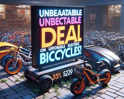 A hyper-realistic high-definition image showcasing a promotional scene for affordable electric bicycles. Included is a large, brightly colored sign that explicitly states 'Unbeatable Deal on Electric Bicycles!', ensuring no potential customers can miss the message. The bicycles themselves are parked haphazardly, their sleek designs and electric features being the highlights of the promotion. There is a sense of urgency and a call-to-action of not missing out on this tremendous opportunity.