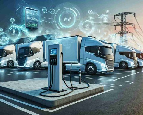 High-definition, realistic portrayal of futuristic and advanced electric trucks recharging at a charging station, evoking the idea of a greener future. Show several fleet vehicles in a parking lot, with technology overlays to depict key innovations and improvements in energy efficiency, load capacity, and speed. Display a catchphrase on a billboard within the scenery such as 'The Future of Fleets: Go Electric!' to capture the forward-thinking, game-changing shift towards sustainable transportation solutions in fleet operations.