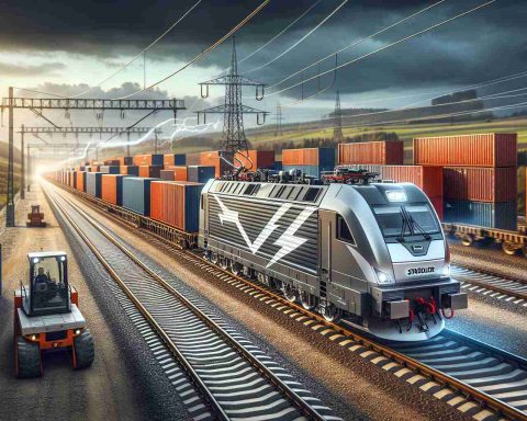 An HD image visualizing the exciting development in Lithuania's rail transportation. Depict an electric locomotive engineered by Stadler, highlighting its modern and revolutionary design. It is on railway tracks with Lithuanian landscapes in the background. The foreground should feature rail freight containers being loaded/unloaded, giving a sense of the transforming nature of rail freight.