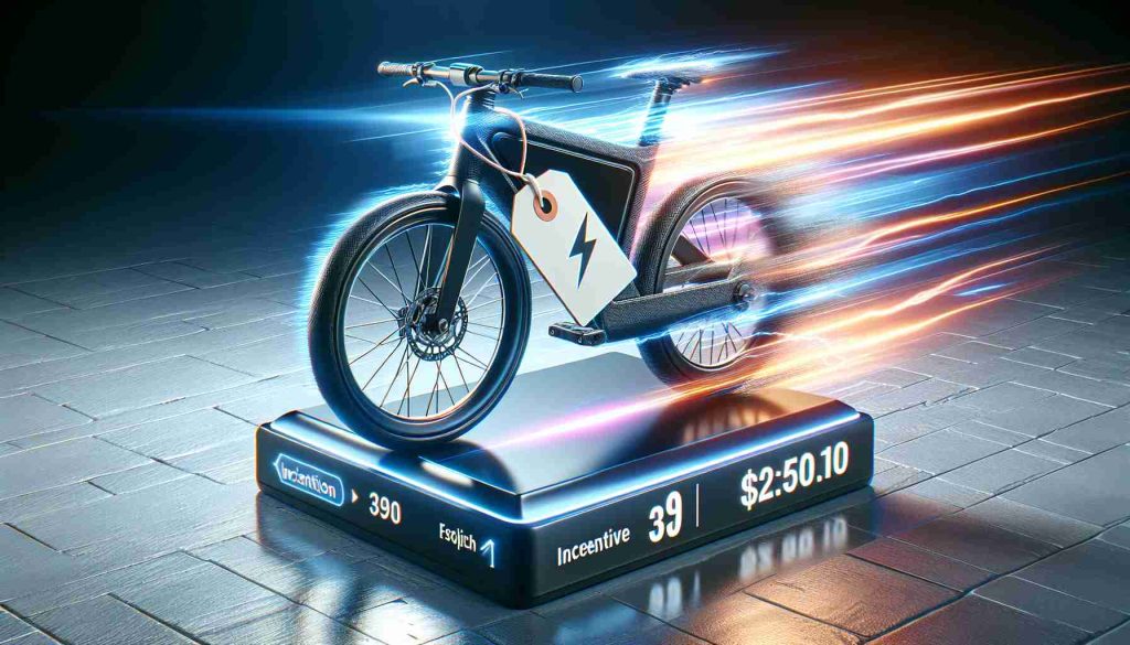 Create an image that depicts a realistic high-definition scene of a lightning-fast electronic bicycle with an incentive tag attached to it, indicating that it's a special offer. Show the concept that this offer is swept up in minutes, perhaps with fast-forward visual effects or signs of quick sellout.