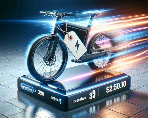 Create an image that depicts a realistic high-definition scene of a lightning-fast electronic bicycle with an incentive tag attached to it, indicating that it's a special offer. Show the concept that this offer is swept up in minutes, perhaps with fast-forward visual effects or signs of quick sellout.