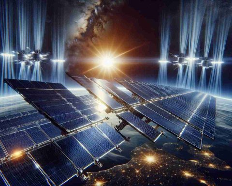 Generate a realistic, high-definition image representing the future of energy production: space-based solar power. The image should depict colossal solar arrays floating in the vastness of outer space, gentle sunlight reflecting off their surfaces and Earth in the backdrop. In this image, a constant stream of energy beams, visualized as translucent rays of light, should be seen transferring from the solar arrays down to the Earth. This image should evoke the feeling of hope and progress in harnessing renewable energy.