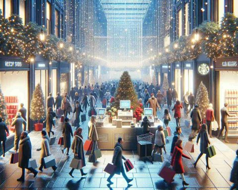 Create a hyper-realistic, high-definition rendering of a holiday shopping scene. Picture the scene bustling with activity - shoppers hurrying through crowded lanes with bags in their hands, twinkling lights dazzling all around, and the bountiful display of goods in shop windows. Cash registers are incessantly ringing, causing an unexpected boom in retail. Experts are taken aback by the sudden surge in sales. The atmosphere is joyous, vibrant, and full of hope, very reflective of the holiday season.