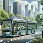 Generate a realistic high-definition image that depicts a revolutionary scene of public transport being transformed by eco-friendly electric buses. Imagine a city street lined with trees that shows a sleek, modern electric bus with solar panels on top, standing at a bus stop with passengers boarding. A monitor inside the bus indicates its route and energy usage, showcasing the advances in technology. The background includes skyscrapers with green spaces and pedestrians of diverse descents, genders, and ages using these services, reflecting the inclusiveness and modernity of the scene.