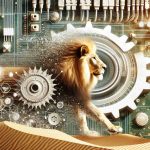 Generate a hyper-realistic high-definition image depicting the concept of a business transition. Picture a symbolic representation of a lion, associated with power and leadership, beside an array of electrical equipment suggesting advanced technology. Overlay these images with elements symbolising change, such as a turning gear or shifting sand dunes.