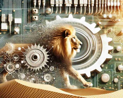 Generate a hyper-realistic high-definition image depicting the concept of a business transition. Picture a symbolic representation of a lion, associated with power and leadership, beside an array of electrical equipment suggesting advanced technology. Overlay these images with elements symbolising change, such as a turning gear or shifting sand dunes.