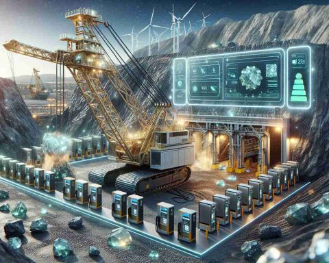 A high-definition, realistic image depicting the future of mining with innovative charging solutions. Imagine a large mining site with advanced equipment. There is a colossal excavator with a robust charging station connected to it. The machine is powered by state-of-the-art, eco-friendly energy cells demonstrating the progress of renewable energy in this industry. Sparkling minerals can be seen extracted from the groundbreaking site while digital displays around the station showcase the efficient energy consumption rates and reduced carbon footprint, hence shaping the future of mining.