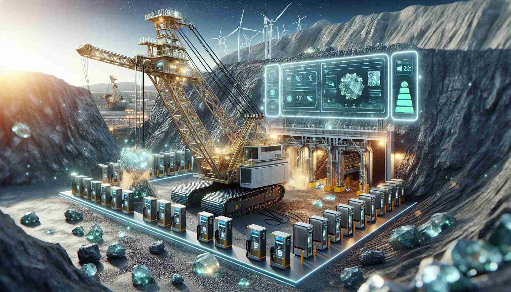 A high-definition, realistic image depicting the future of mining with innovative charging solutions. Imagine a large mining site with advanced equipment. There is a colossal excavator with a robust charging station connected to it. The machine is powered by state-of-the-art, eco-friendly energy cells demonstrating the progress of renewable energy in this industry. Sparkling minerals can be seen extracted from the groundbreaking site while digital displays around the station showcase the efficient energy consumption rates and reduced carbon footprint, hence shaping the future of mining.