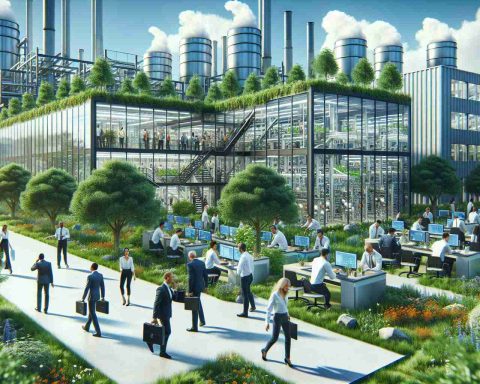 A realistic, high-definition image showcasing an innovative company leading the charge in sustainability. The scene should depict a vibrant green business environment with state-of-art renewable energy solutions. Show workers from diverse descents notably Caucasian, Hispanic, and Black, equally distributed across genders, engaged in their daily tasks. Their actions should reflect the devotion to eco-friendliness, like using recyclable materials and promoting energy-saving practices. Visualize a blend of nature and technology with trees surrounding the highly advanced building structures, all under a clear, blue sky.