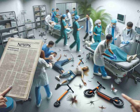 Generate a realistic, high-definition image showcasing a dramatic rise in the number of injuries related to electric scooters and electric bikes. This could be represented as a newspaper headline, with an accompanying image. The image could show an emergency room with doctors and nurses rushing about, treating various patients. There could be a couple of East Asian male doctors, a Hispanic female nurse and a black male nurse in the scene. The patients could include a Middle-Eastern female and a white male. Perhaps some discarded e-scooters and e-bikes can be scattered around, suggesting the cause of these injuries.