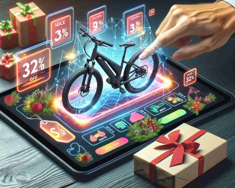 Generate a high-definition, realistic photo illustrating huge discounts on electronic bicycles, with design elements indicative of special holiday offers that cannot be missed.