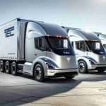 A realistic, high-definition photograph showcasing the booming electric truck industry. The image illustrates seven freshly manufactured and shiny electric trucks lined up, each bearing the logo of TEC Equipment. They are ready for delivery, showcasing a glimpse of the future transition towards sustainable transportation.