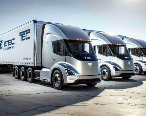 A realistic, high-definition photograph showcasing the booming electric truck industry. The image illustrates seven freshly manufactured and shiny electric trucks lined up, each bearing the logo of TEC Equipment. They are ready for delivery, showcasing a glimpse of the future transition towards sustainable transportation.