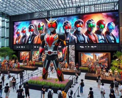 Generate a highly detailed, realistic image depicting a retrospective event for a popular masked and armored heroic figure, with a similar theme to such classic characters as 'Kamen Rider'. The setting is in a modern, vibrant city that is as architecturally unique and culturally rich as Singapore. The scene should include various screens or billboards unveiling the history of the character, excited fans of diverse genders and backgrounds, as well as decorations and merchandise associated with the character's emblem and motifs.