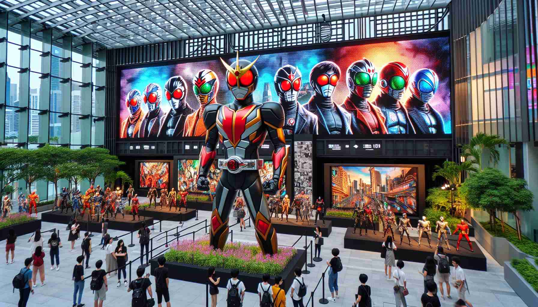 Generate a highly detailed, realistic image depicting a retrospective event for a popular masked and armored heroic figure, with a similar theme to such classic characters as 'Kamen Rider'. The setting is in a modern, vibrant city that is as architecturally unique and culturally rich as Singapore. The scene should include various screens or billboards unveiling the history of the character, excited fans of diverse genders and backgrounds, as well as decorations and merchandise associated with the character's emblem and motifs.