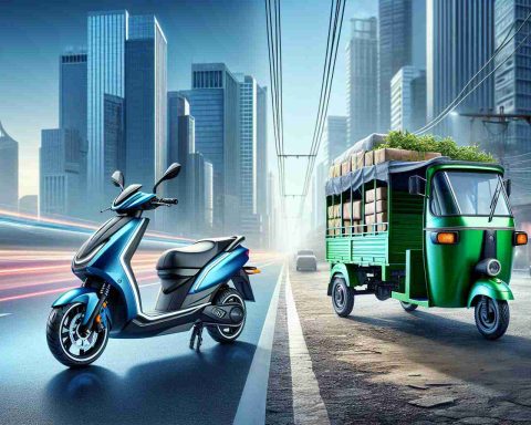 High definition, realistic image of a glimpse into India's electric future. Showcase two vehicles that symbolize this progression. The first, a modern, sleek electric scooter representing the urban environment, should be parked on the left side of a busy city street. It should be painted in a shiny blue color with white accent lines. The second, an electric cargo rickshaw, commonly used in rural areas, should be seen on the right side of the street, painted in vibrant green, loaded with parcels. The background should reflect the contrast between urban and rural landscapes of India.