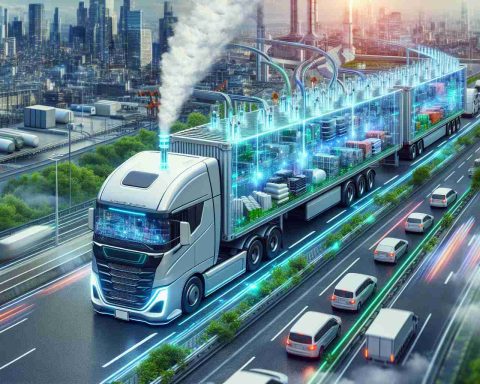 Please generate a detailed and high-definition image of a futuristic scenario where hydrogen-fueled trucks are revolutionizing the field of logistics. These trucks should be captured transporting a variety of cargos along a busy highway, symbolizing a new era of sustainable transport. Emphasize elements that highlight sustainability, such as the emissions-free exhaust and advanced design of these hydrogen trucks. The background might include a bustling city with green space, infusing the concept of ecological consciousness.