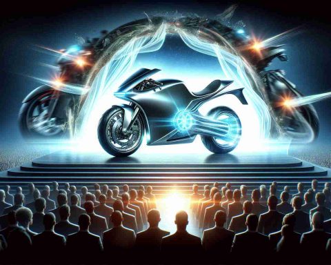 Generate a detailed image capturing the evolution of high-end electric motorcycles. The scene should depict a futuristic design being unveiled, emanating a sense of innovation and progress. It should be shiny sleek, and modern, encapsulating a revolutionary moment in two-wheeler transportation. The background should have an enthusiastic crowd watching in amazement. Be sure to illustrate this in high-definition while emphasizing the realistic elements.