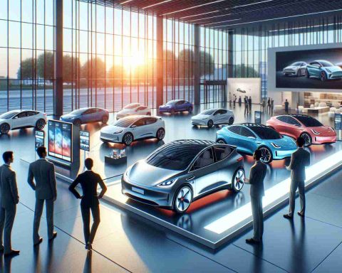 Generate a high-definition realistic image that showcases a review of the latest electric vehicle models. The scene should display a variety of new electric cars in different colors and shapes. There should also be some promotional material next to each vehicle, indicating their distinct and innovative features. The background should be a modern showroom with large glass windows, allowing natural light to fill the room, emphasizing the sleek and clean features of the electric cars. The scene should also include a few male and female individuals of diverse descents engaged in examining the vehicles, pointing out features, and having discussions.