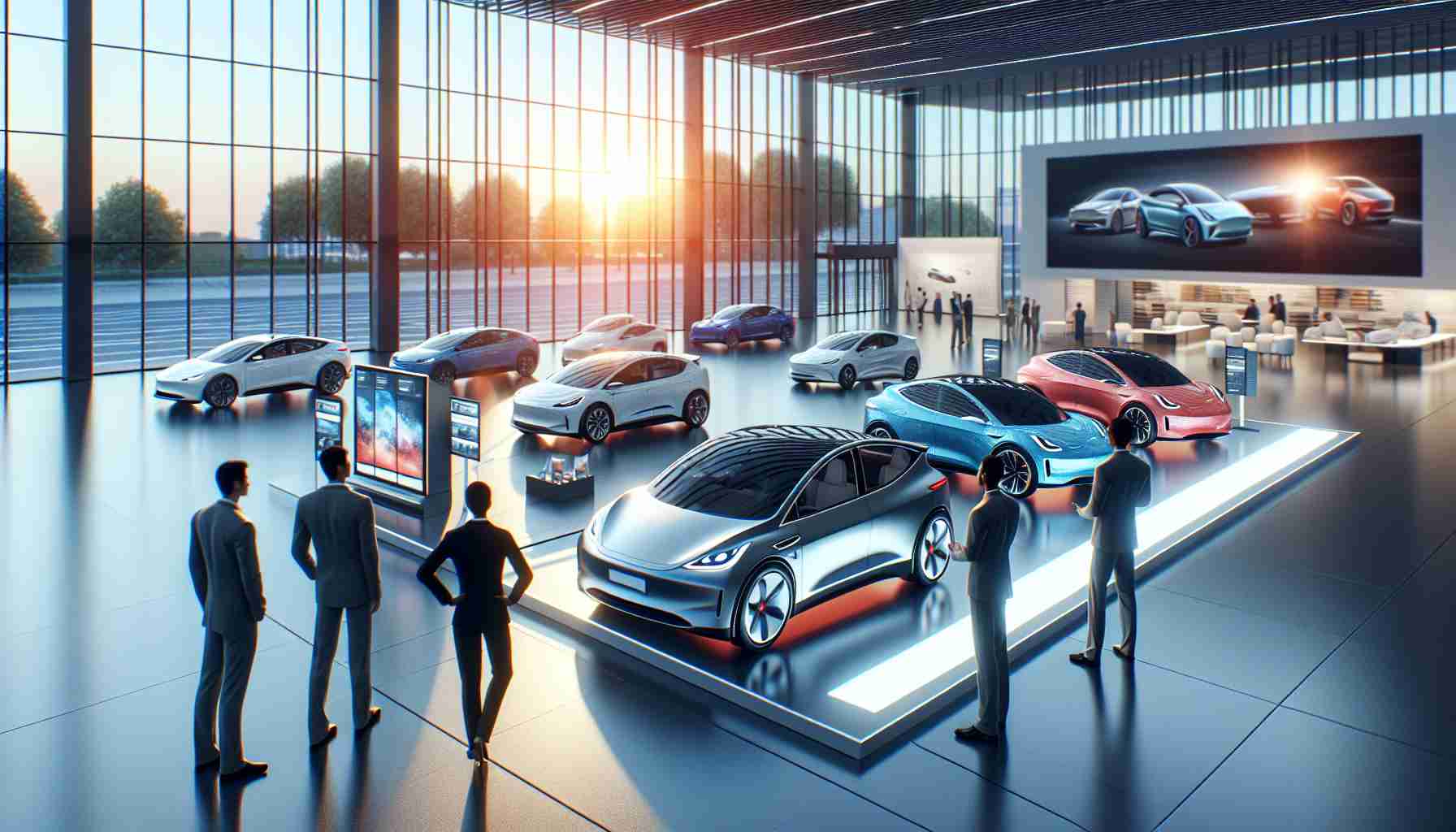 Generate a high-definition realistic image that showcases a review of the latest electric vehicle models. The scene should display a variety of new electric cars in different colors and shapes. There should also be some promotional material next to each vehicle, indicating their distinct and innovative features. The background should be a modern showroom with large glass windows, allowing natural light to fill the room, emphasizing the sleek and clean features of the electric cars. The scene should also include a few male and female individuals of diverse descents engaged in examining the vehicles, pointing out features, and having discussions.