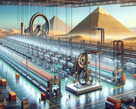 A high-definition, realistic depiction of a German bicycle manufacturing factory. Showcase the spirit of innovation that seems to be disrupting the cycling industry. To signify their bold move to Egypt, incorporate elements of Egyptian landscapes, such as the vast desert, the Nile river, and perhaps the iconic Pyramids in the background. Be sure to detail the advanced machinery and intricate process of bicycle production demonstrating German precision and quality.