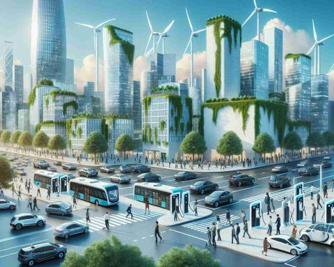 A high-definition, realistic image showcasing the revolution of electric transportation for a sustainable future. Picture a bustling city where all vehicles, from cars to buses, are electric. Efficiently designed charging stations are scattered across the city. Pedestrians, made up of people from diverse racial backgrounds including Caucasian, black, Hispanic, South Asian, Middle-Eastern and more, are interacting with these technological advancements around them. Skyscrapers are equipped with wind turbines and solar panels, emphasizing the commitment to renewable energy. A vision of lush greenery exists within this urban setting, symbolizing the harmony between nature and technology.