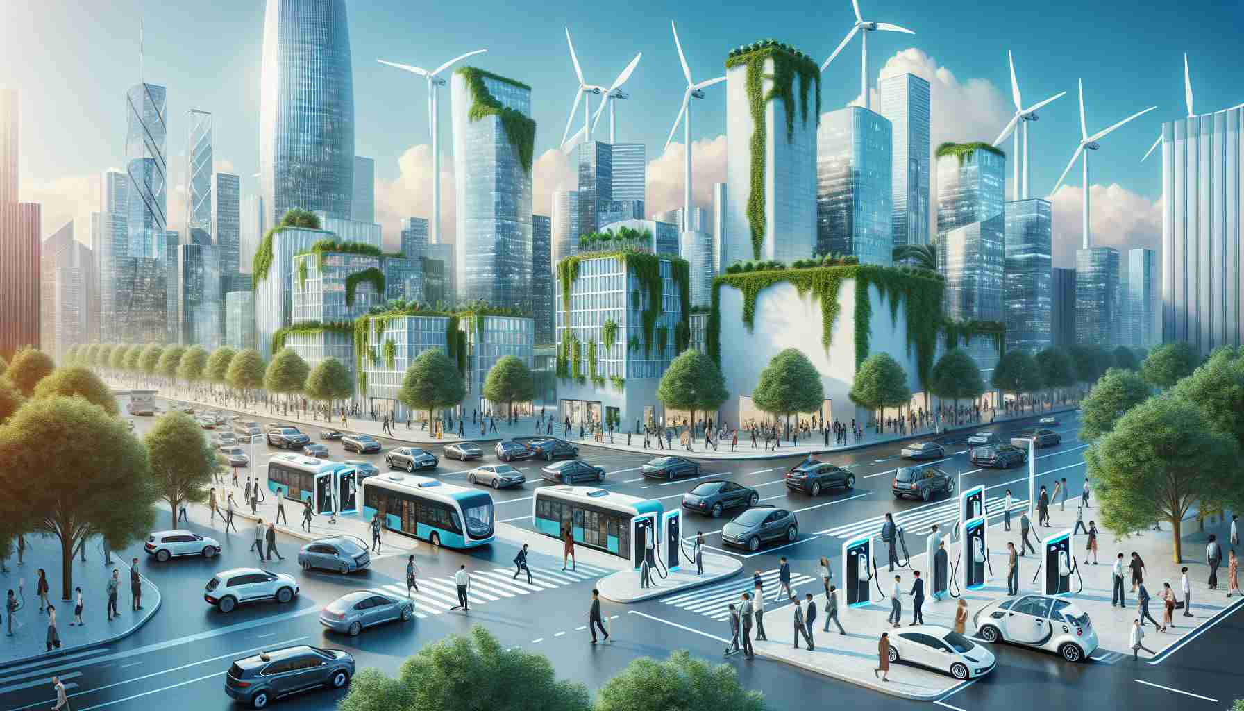 A high-definition, realistic image showcasing the revolution of electric transportation for a sustainable future. Picture a bustling city where all vehicles, from cars to buses, are electric. Efficiently designed charging stations are scattered across the city. Pedestrians, made up of people from diverse racial backgrounds including Caucasian, black, Hispanic, South Asian, Middle-Eastern and more, are interacting with these technological advancements around them. Skyscrapers are equipped with wind turbines and solar panels, emphasizing the commitment to renewable energy. A vision of lush greenery exists within this urban setting, symbolizing the harmony between nature and technology.