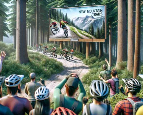 High-definition, realistic image of mountain biking enthusiasts excitedly viewing a billboard. The billboard announces the arrival of new mountain bike trails. The scene takes place in a park, with towering trees that stretch towards the clear blue sky. A biking trail nearby gives an insight into the rugged terrain that these bikers usually prefer. The myriad emotions are visible on the faces of the bikers, showing a mix of thrill, anticipation, and joy.