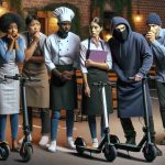 An high-definition, realistic image depicting a group of diverse restaurant workers. In the scene: an African-descent female chef, an Asian-descent male host, a Caucasian waitress and a Middle-Eastern barista, worriedly watching as a thief, unknown descent, hooded and masked, is stealing electric scooters from the parking area of their urban restaurant.