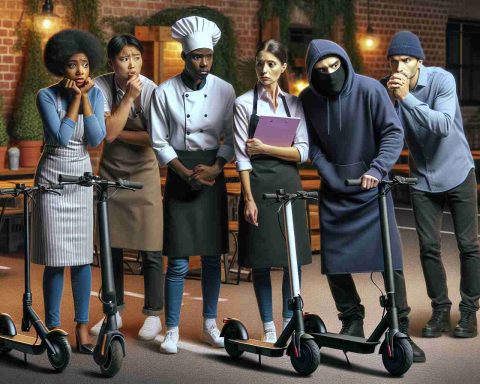 An high-definition, realistic image depicting a group of diverse restaurant workers. In the scene: an African-descent female chef, an Asian-descent male host, a Caucasian waitress and a Middle-Eastern barista, worriedly watching as a thief, unknown descent, hooded and masked, is stealing electric scooters from the parking area of their urban restaurant.