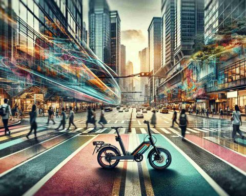 A high-definition image showing the concept of urban adventure, focusing specifically on the affordability and comfort of a two-wheeled mode of transportation. Visualize a busy city street layered with rich colors and intricate details. Carefully incorporate elements like painted bike lanes, street signs, pedestrians of diverse descents (such as Caucasian, Middle-Eastern, South Asian) and genders. The two-wheeled vehicle should stand as a symbol of freedom and adventure amidst the hustle and chaos of the city. Display it as something sleek, convenient, and affordable, perfect for those eager to explore urban landscapes.