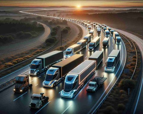 A high-definition, realistic image of a scenic highway captured at twilight. The main focus of the scene is an assortment of electric trucks, varying in size and color, dominating the road. They are state-of-the-art models, sleek and shimmering under the dimming sunlight. Behind them, abandoned at the edge of the highway, sits an old diesel truck. Its rusted exterior and outdated design contrast sharply with the futuristic electric trucks. Indicative of a changing era, the image carries a related subtext: 'Is the End of Diesel in Sight?'