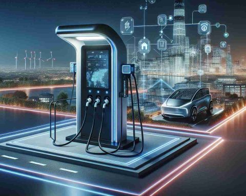 Realistic high-definition image of an innovative electric vehicle (EV) charging station that represents a game-changing solution for power grids. Show the charging station with modern design features, possibly integrated into a smart city infrastructure. Include a detailed view of the charging connectors and digital interfaces for user interaction. Visualize how it could enable more efficient use of energy with cues, such as indicator lights reflecting power levels or textual information on a digital display about energy flow.