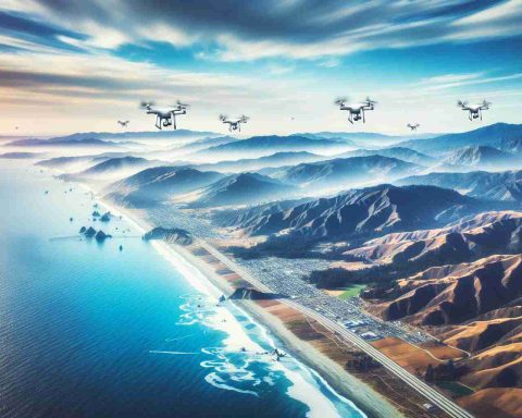 Generate a realistic HD image depicting the concept of 'Skyward Revolution'. This should include drones flying over California's landscapes, symbolizing a change in traditional rules and practices. The image should display the geographical variety and natural beauty of California, like its beaches, forests, and mountains, with a futuristic element of drones flying across the sky.