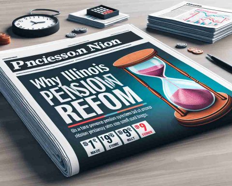 A realistic HD photo of a thought-provoking front page of a newspaper showing the urgency of pension reform in the state of Illinois. The front page should contain a headline that reads 'Why Illinois Needs Urgent Pension Reform'. Add details like stacks of papers, time markers indicating urgency such as an hourglass near completion stage or a calendar page with important dates circled. Remember to include compelling visuals like graphs or diagrams illustrating the pension system challenges that underscore the urgency of said reform.