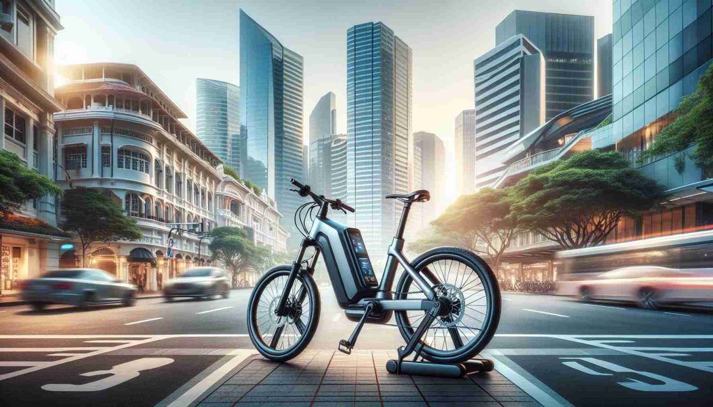 Create a realistic, high-definition image of a futuristic electric bike that represents the next generation of urban transport. This e-bike should be innovative and sleek in design, incorporating technology like computer-assisted navigation, electric propulsion, and smart response systems. It should be parked in a busy downtown street surrounded by skyscrapers, giving a vibe of urban life. The tableaux should convey the bike’s convenience and eco-friendliness in the context of busy city life.