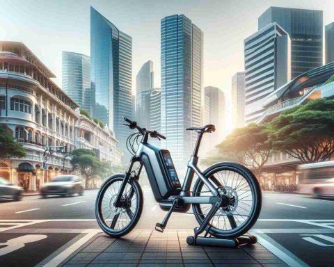 Create a realistic, high-definition image of a futuristic electric bike that represents the next generation of urban transport. This e-bike should be innovative and sleek in design, incorporating technology like computer-assisted navigation, electric propulsion, and smart response systems. It should be parked in a busy downtown street surrounded by skyscrapers, giving a vibe of urban life. The tableaux should convey the bike’s convenience and eco-friendliness in the context of busy city life.