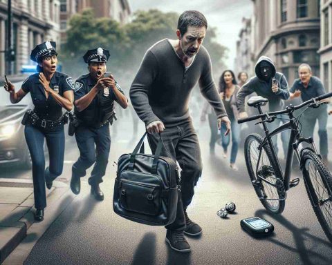 Create a realistic and high-definition image of a scene where a bike thief is caught in the act. In this image, the thief is a middle-aged Caucasian man dressed in dark casual clothes, trying to steal a bicycle parked on a busy city street. Suddenly, a high-tech tracking device attached to the bike activates, alerting nearby people about the theft. Among the crowd, a Hispanic woman in police uniform quickly responds to the alert. Visualize surprise on the thief's face and a sense of justice being served in the scenario.