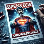 Create a realistic, high-definition photo that seems to be urgent in nature. It demands considerable attention to a singular message: 'Check Your Bike Lights!' It has the alarming tone of a product recall, highlighting an issue with the 'Supernova' brand of bike lights.