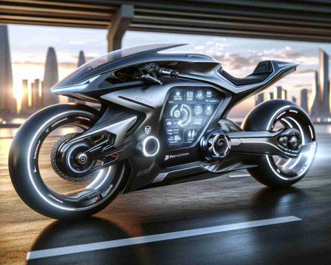 A high-resolution, photorealistic image showcasing a futuristic motorbike innovation concept. It features sleek lines that suggest speed and aerodynamics, combined with cutting-edge technology aspects, like a digital display on the dashboard, LED lighting, advanced safety features, and electric powertrain. The brand logos are carefully detailed but not specific to any particular existing brand. The bike is set against a backdrop of an ultra-modern city skyline during sunset, emphasizing that this is just a vision of what the future of motorbike technology might look like.