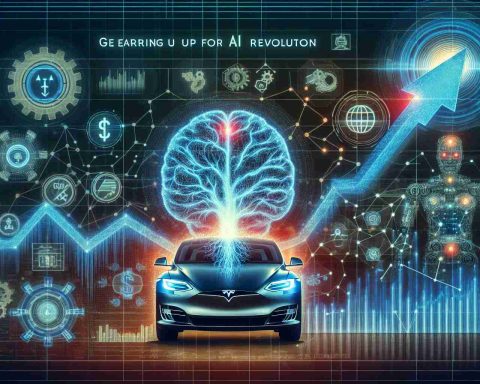 Generate a realistic HD image representing the theme of Tesla's stock gearing up for an AI revolution. Showcase this idea subtly through the infographic of a stock chart showing an upward trend, unique AI-related graphics like neural networks, and symbols related to new technologies, such as robots and advanced machinery. Highlight the idea of a potential surge. Please ensure that this composition does not directly depict any logos, trademarks, or copyrighted content.