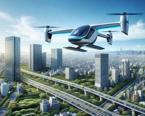 A highly detailed and realistic image capturing Japan's innovative transportation future, showcasing a generically designed electric Vertical Takeoff and Landing (eVTOL) vehicle. The vehicle is soaring above a well-designed cityscape in broad daylight, with skyscrapers piercing the blue sky interspersed with lush greenery. The setting showcases a harmonious blend of technology and nature, embodying the impending transformation in transportation.