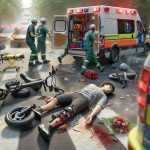 A hyper-realistic, high-definition image depicting a scene of an accident involving a teenager who has suffered severe injuries from an e-bike incident. Please provide a vivid image capturing the gravity of the situation, the scene is to include the e-bike at a distorted angle nearby, as well as an ambulance on the scene with paramedics attending to the injured teenager.