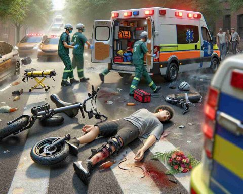 A hyper-realistic, high-definition image depicting a scene of an accident involving a teenager who has suffered severe injuries from an e-bike incident. Please provide a vivid image capturing the gravity of the situation, the scene is to include the e-bike at a distorted angle nearby, as well as an ambulance on the scene with paramedics attending to the injured teenager.