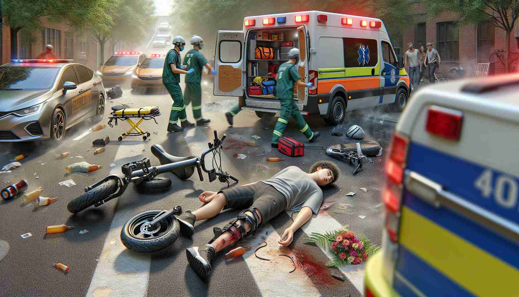 A hyper-realistic, high-definition image depicting a scene of an accident involving a teenager who has suffered severe injuries from an e-bike incident. Please provide a vivid image capturing the gravity of the situation, the scene is to include the e-bike at a distorted angle nearby, as well as an ambulance on the scene with paramedics attending to the injured teenager.